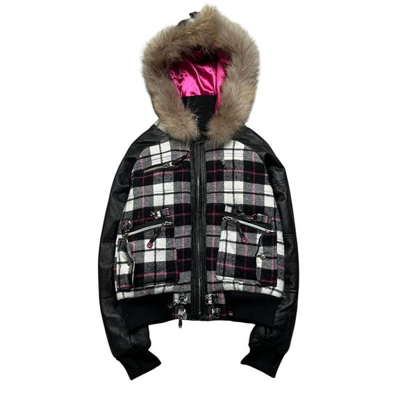 Y2K Plaid Hoodie Jacket Faux Fur Punk Grunge Goth Emo Pink Bomber 