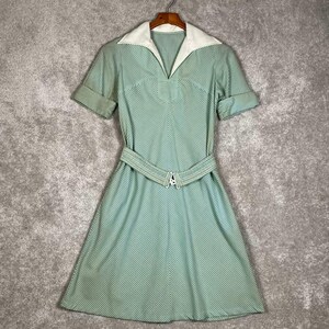VTG 70s Dress Atomic Green White Striped A-Line Belted Short Sleeve Mod Retro