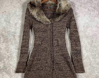 Say What Cárdigan de punto marrón con cuello de piel sintética, talla mediana, estilo Y2K vintage