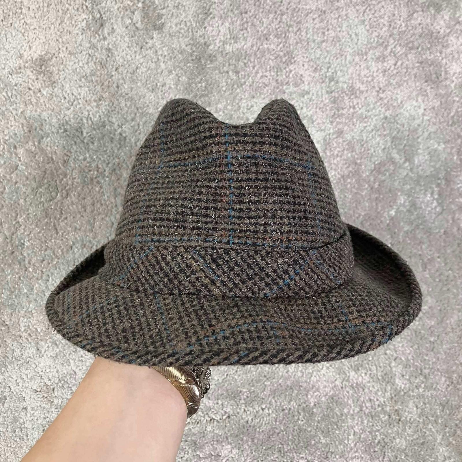 Blue and Tan Plaid Tweed Fedora with Flower Accent Navy Blue Fedora for Dapper Suits - Suits & More main image 3