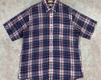 Vintage 80s Saddlebred Mens L Short Sleeve Plaid Button Down Shirt Made in USA