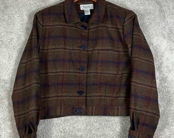 VTG Bridgewater Classics Jacket Cropped Brown Plaid 100% Wool Womens 10P