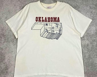 Camiseta vintage Rachel McLish con mapa del estado de Oklahoma para hombre, talla XL, color crema, costura simple, fabricada en EE. UU.