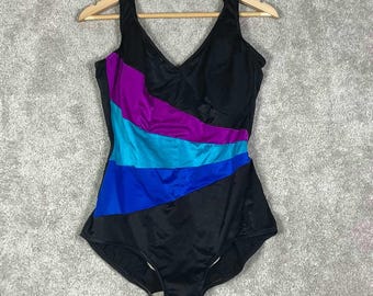 Traje de baño Robby Len vintage de los años 80 para mujer, talla 40, negro, bloques de color, traje de baño de una pieza, fabricado en EE. UU.