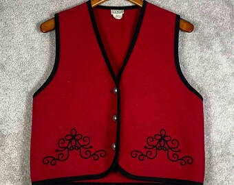 Vintage L.L Bean 100% Wool Red Vest Embroidered Made In Austria Size Medium