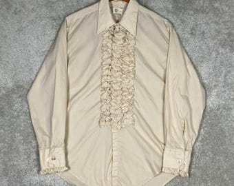 Koszula smokingowa Vintage After Six z falbanką, kremowo-brązowa, z długim rękawem, z mieszanki bawełny, rozmiar L4, lata 70.