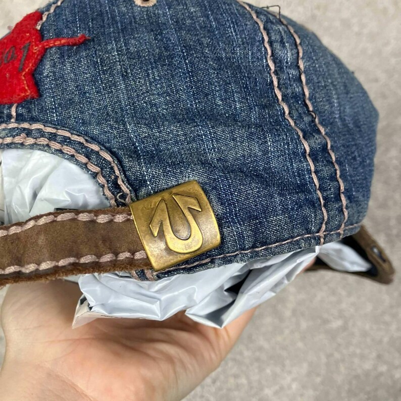 Vintage True Religion Horseshoe Denim Baseball Cap Blue Distressed Hat image 7