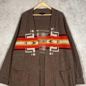Pendleton Aztec Lambswool Cardigan Duster Brown Sweater Knit Size Large image 2