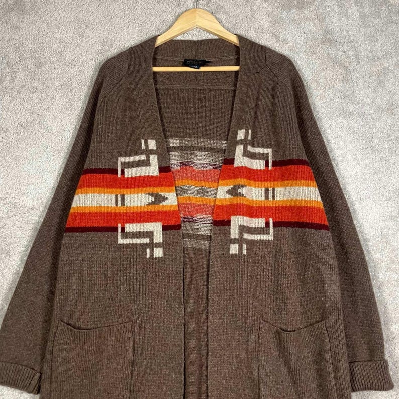 Pendleton Aztec Lambswool Cardigan Duster Brown Sweater Knit Size Large image 2