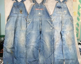 Lotto di 6 salopette vintage in denim, marca Pointer, colore rosso cammello, effetto invecchiato, anni '70.