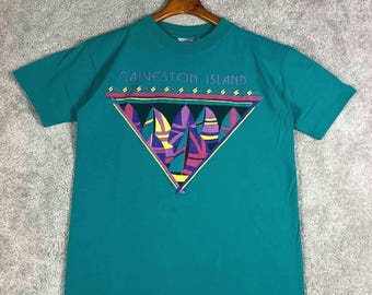 Camiseta deportiva vintage de Galveston Island Eyecatcher de 1991 para hombre, talla M, color verde azulado, años 90.