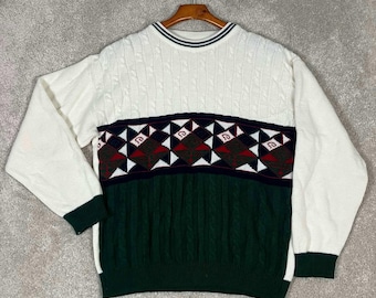 Vintage 90s Ramel Cable Knit Geometric Novelty Print Sweater Mens 36 White Green