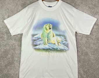 VTG Gildan Alaska Polar Bear Graphic T-Shirt Mens Large White Heavyweight Cotton