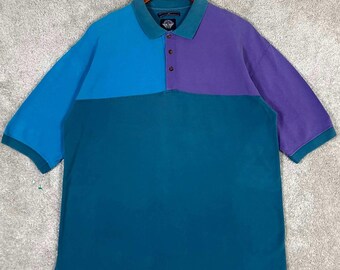 Polo vintage Dockers de los 90 para hombre, talla XL, color azul, morado y verde azulado, manga corta.