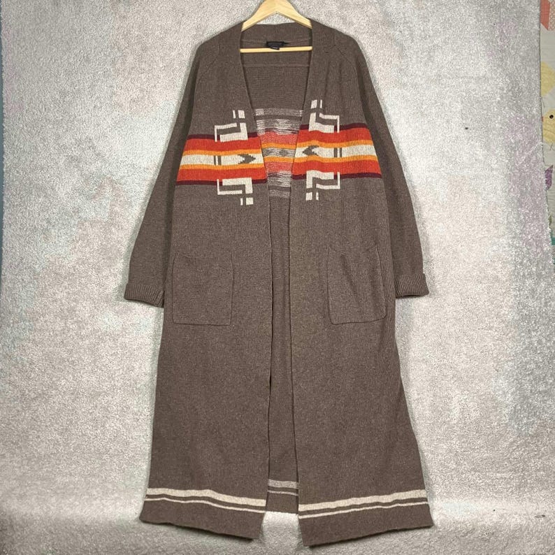 Pendleton Aztec Lambswool Cardigan Duster Brown Sweater Knit Size Large image 1
