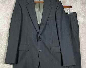Vintage 80s 2 Piece Suit Mens Charcoal Gray Pinstripe Tailored in USA 45R 34x32