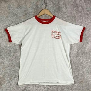 Vintage 70s Russell Athletic BSA Pathfinder District Ringer T Shirt White Red M image 1