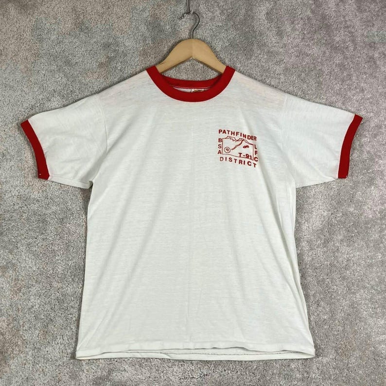 Vintage 70s Russell Athletic BSA Pathfinder District Ringer T Shirt White Red M image 1