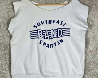 Felpa vintage anni '70 Southeast Band Spartan Cut Off bianca e blu da uomo taglia XL