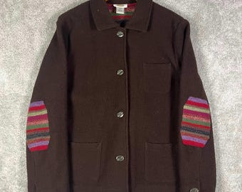 Chaqueta vintage de los años 90 de Talbots para mujer, color marrón, 100% lana, talla XL, punto a rayas, coderas.