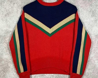 Vintage 70s White Stag Multi-Color Knit Ski Medium Sweater Chevron Acrylic Retro