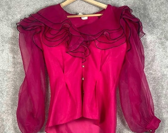 VTG The Orchid Shop Fuchsia Pink Sheer Ruffle Blouse Rhinestone Button Costume