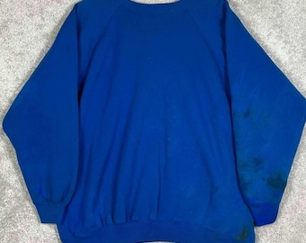 Vintage Blank Blue Raglan Sweatshirt Mens Crewneck Distressed Workwear Pullover