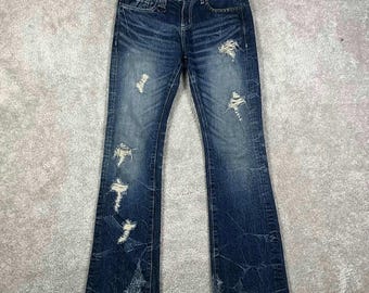 CavariA Distressed Studded Flare Jeans Blue Denim Mens Size 44 Y2K Punk Grunge