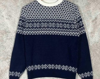 Vintage 70s Kingsport Fair Isle Knit Crewneck Sweater Blue White Mens Medium M