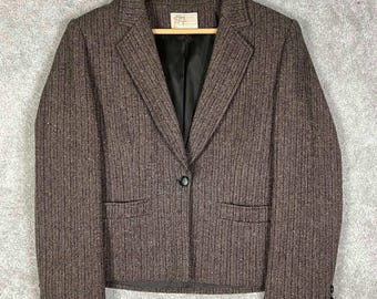 Vintage 70s Pendleton Wool Herringbone Blazer Womens Brown Jacket USA 6 Small