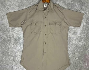 Vintage des années 70 Big Mac JCPenney presse permanente kaki chemise de travail pour homme moyenne