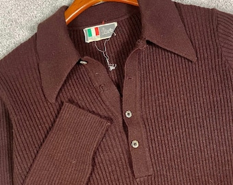 Vintage Foleys geribbelde polotrui uit de jaren 70 voor heren, maat M, bruin, gemaakt in Italië, met lange mouwen.