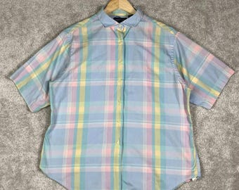 Vintage Lands End Womens Large Pastel Plaid Short Sleeve Button Down Shirt USA