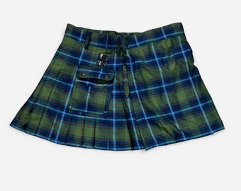 Vintage 90s Mini Skirt Plaid Green Blue Women's Size 48 Punk Pleated Preppy