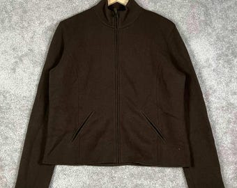 Jones New York Merino Wool Plaid Zip Cardigan Sweater Large Dark Academia Cozy