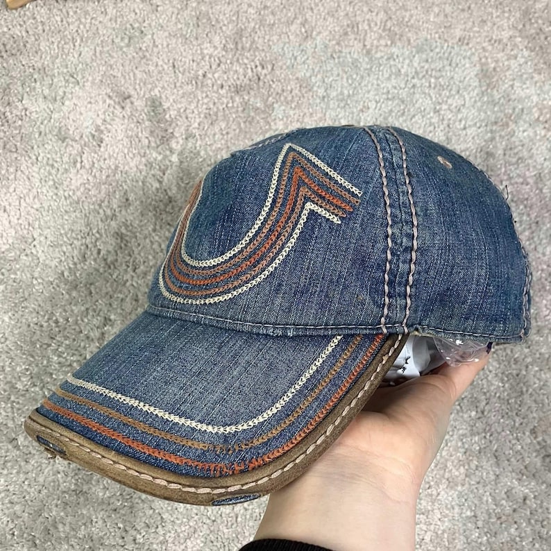 Vintage True Religion Horseshoe Denim Baseball Cap Blue Distressed Hat image 4