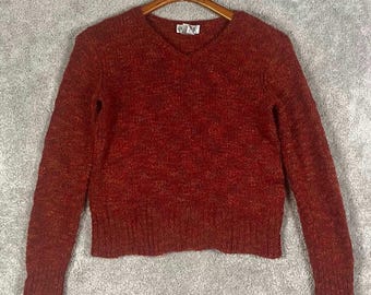 Jersey de lana vintage de los 90 de Talbots para mujer, cuello en V, color naranja rojizo jaspeado, talla S
