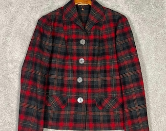 Chaqueta deportiva Pendleton vintage de lana virgen a cuadros, años 50, color rojo y gris, estilo tartán años 60.