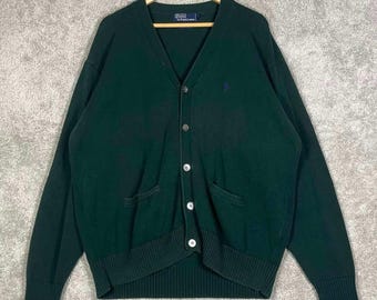 Cardigã vintage Polo Ralph Lauren masculino tamanho XL em algodão piqué com decote em V e botões frontais.