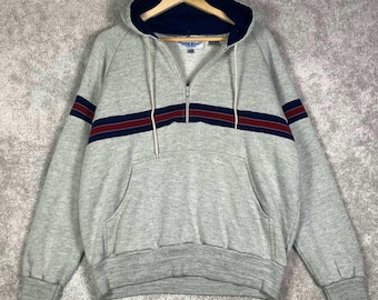 Vintage 80s Retro ATP Mens Quarter Zip Hoodie Gray Striped Raglan Pullover Large