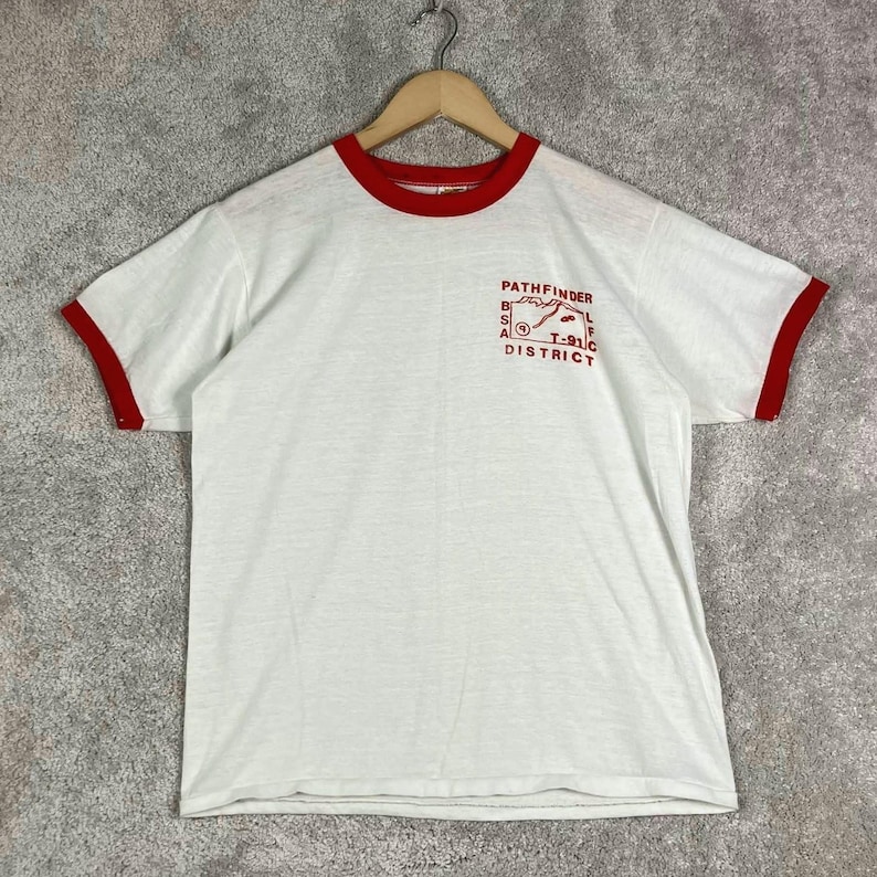 Vintage 70s Russell Athletic BSA Pathfinder District Ringer T Shirt White Red M image 2