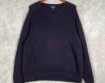 Jersey de punto grueso vintage de Lands' End para hombre, talla L, azul, estilo grunge desteñido, fabricado en Japón.