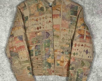 Vintage Orvis Women Tapestry Jacket Multi Color Abstract Geometric Button Front