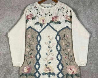 Pull vintage années 80 pour femme, taille M, couleur crème, à fleurs, tricoté à la main en ramie mélangée, style grand-mère