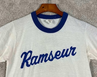 Vintage 70s Ramseur Ringer T-Shirt White Blue #3 Stedman Sport-T Size Small USA