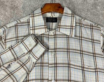 Camisa vintage de los años 70 de JCPenney para hombre, a cuadros, con botones, talla mediana, color marrón y azul, manga larga.