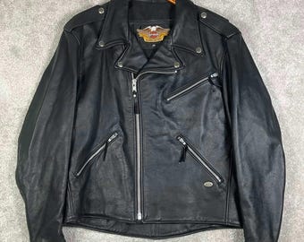 Chaqueta de cuero vintage Harley Davidson para hombre, talla XL, negra, con cremallera.
