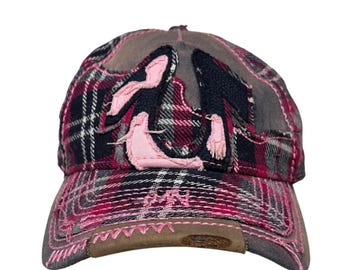 VTG True Religion Horseshoe Distressed Pink Plaid Trucker Cap Hat Snap Back