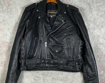 Vintage Motorcycle Jacket Mens 40 Black Leather Belted Biker Lace Up 80s 90s