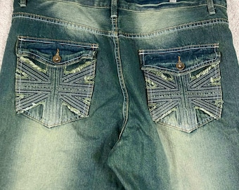 Agile Jeans Mens 44 Distressed Blue Denim Union Jack Back Pockets Y2K Baggy